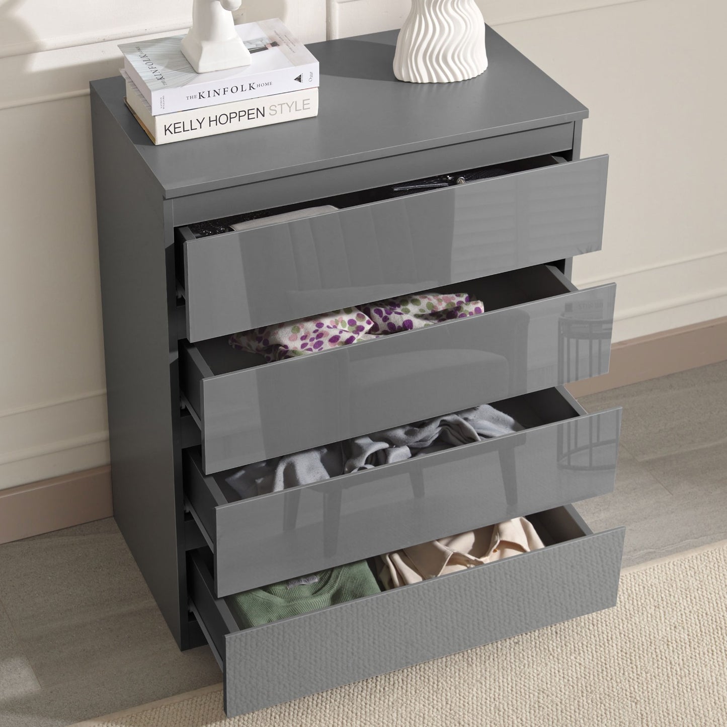 High Gloss Chest of Drawers Bedside Cabinet Tall Wide Storage Bedroom Furniture