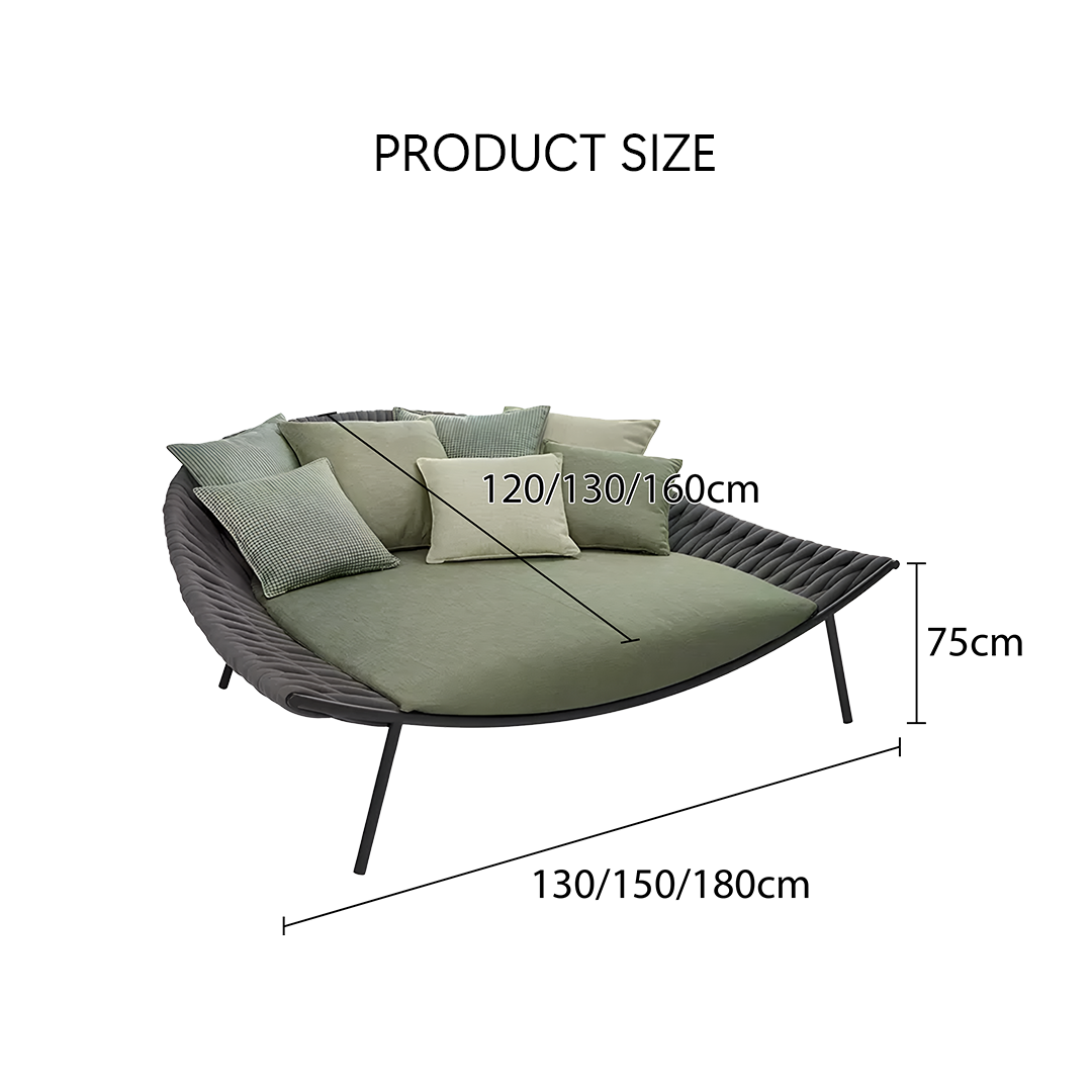 Outdoor swing chair with cushions and dimensions on a white background