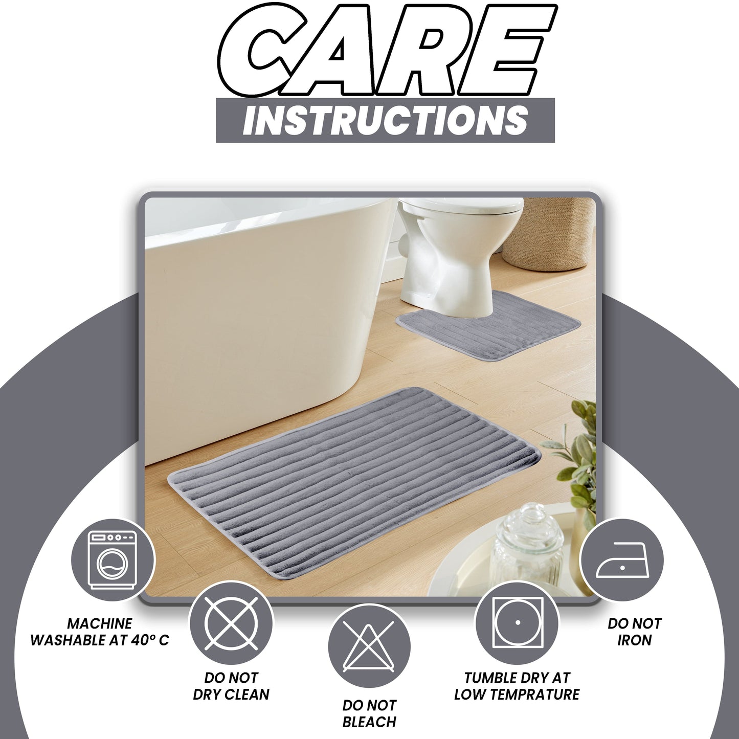 Charcoal Ribbed Bath Mat Set | 2 Piece Non Slip