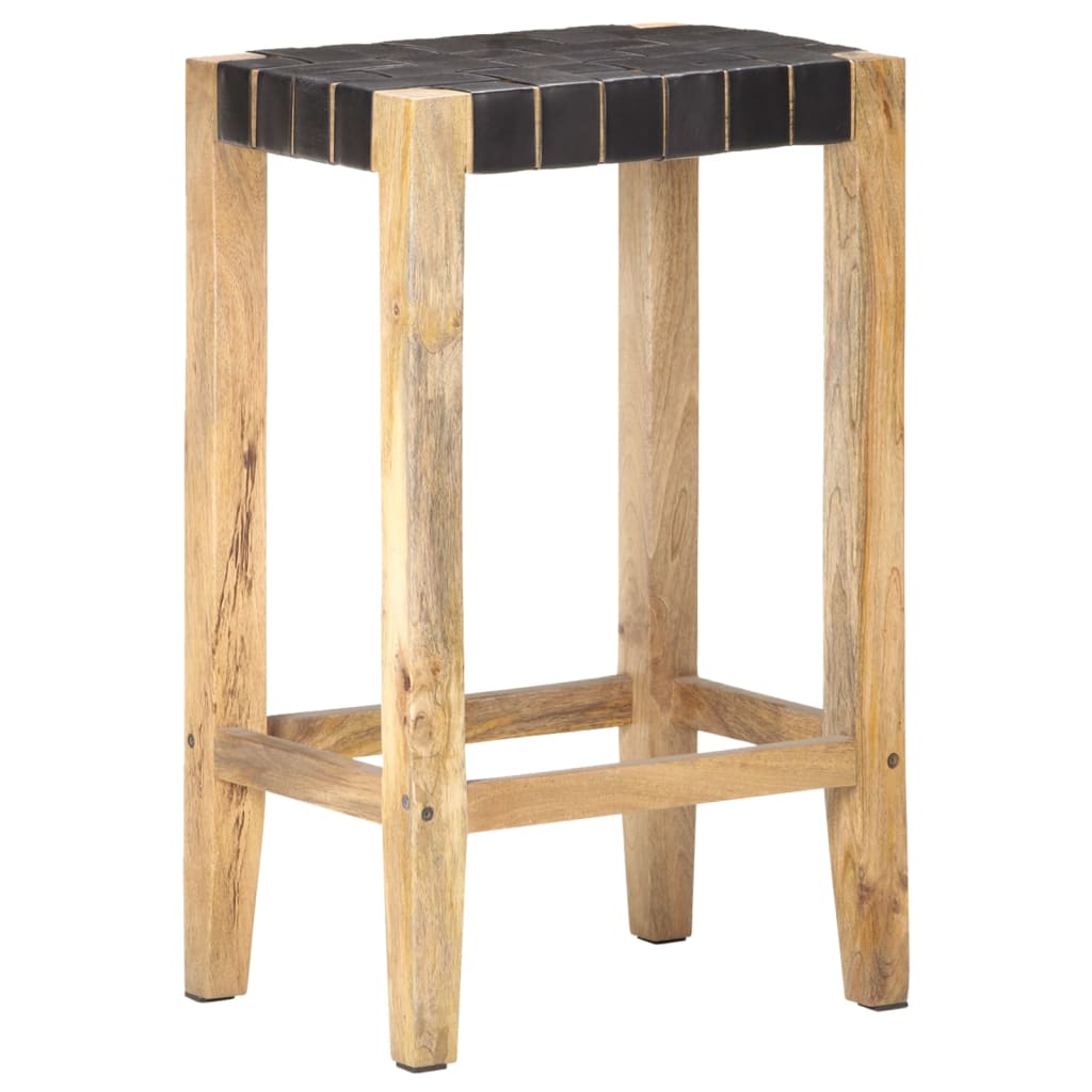 Bar Stools 2 Pieces Black | Real Leather Mango Wood | Hand Finished