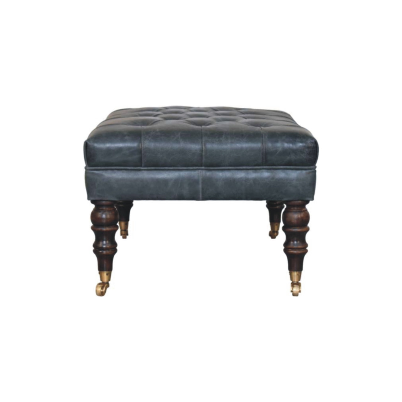 Ottoman Sturdy Buffalo Leather Teal Castor Legs Hand-Tufted Handmade