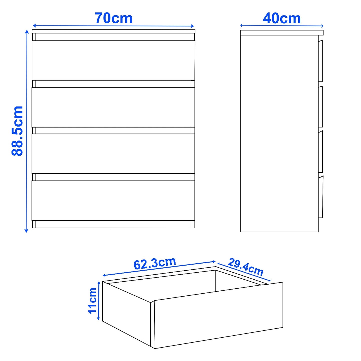 High Gloss Chest of Drawers Bedside Cabinet Tall Wide Storage Bedroom Furniture