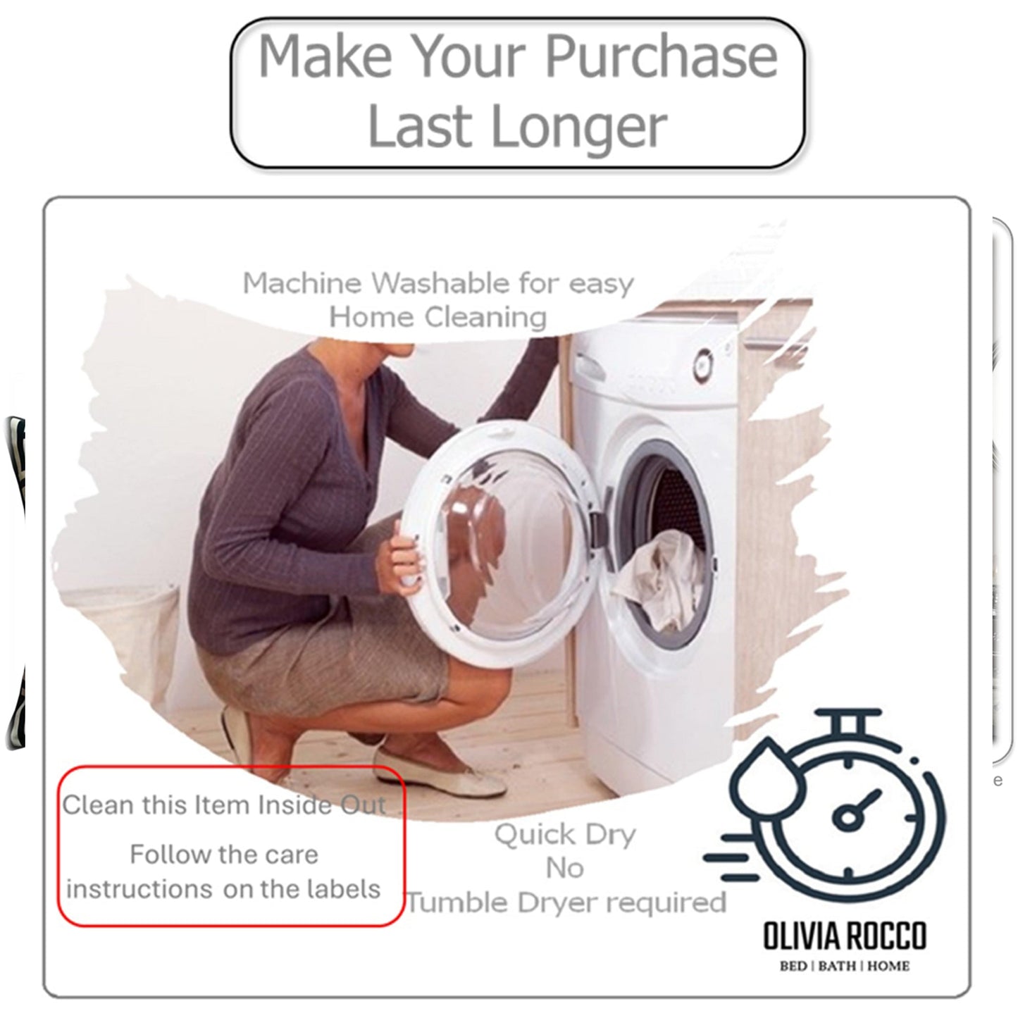 Product packaging with a woman washing clothes and text about machine washability, care instructions, and brand name Olivia Rocco.