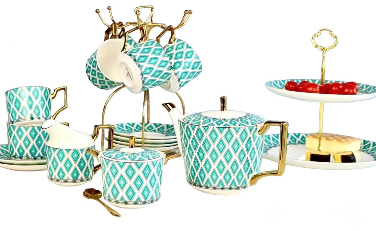 Edwardian Emerald Bone China Tea Set | 24k Gold Finish