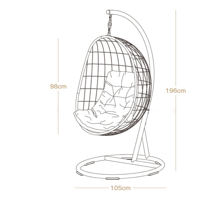 Hanging chair with dimensions labeled on a white background  | Extraordinary Emporium UK
