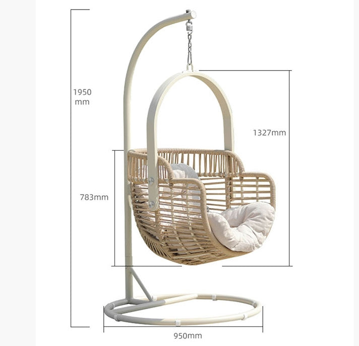 Wicker hanging chair with dimensions displayed on a white background  | Extraordinary Emporium UK