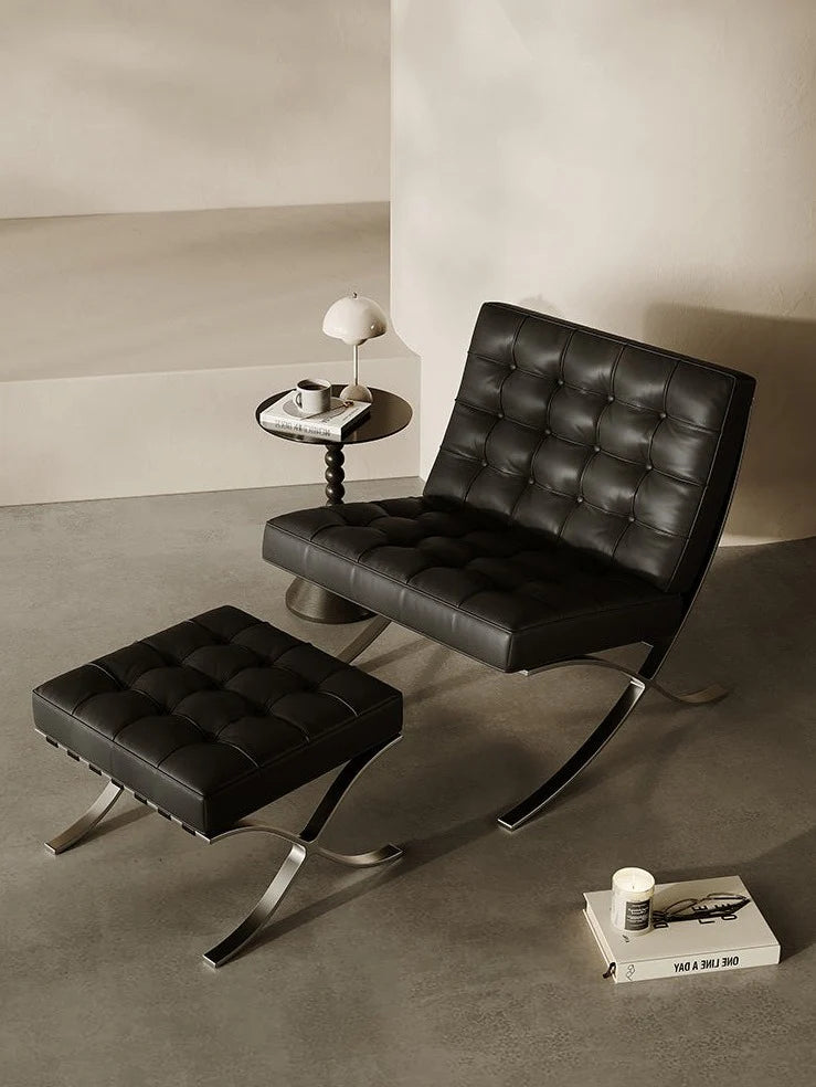 Modern Barcelona Designer Chair & Ottoman Genuine Leather