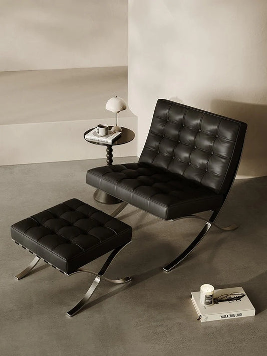 Modern Barcelona Designer Chair & Ottoman Genuine Leather