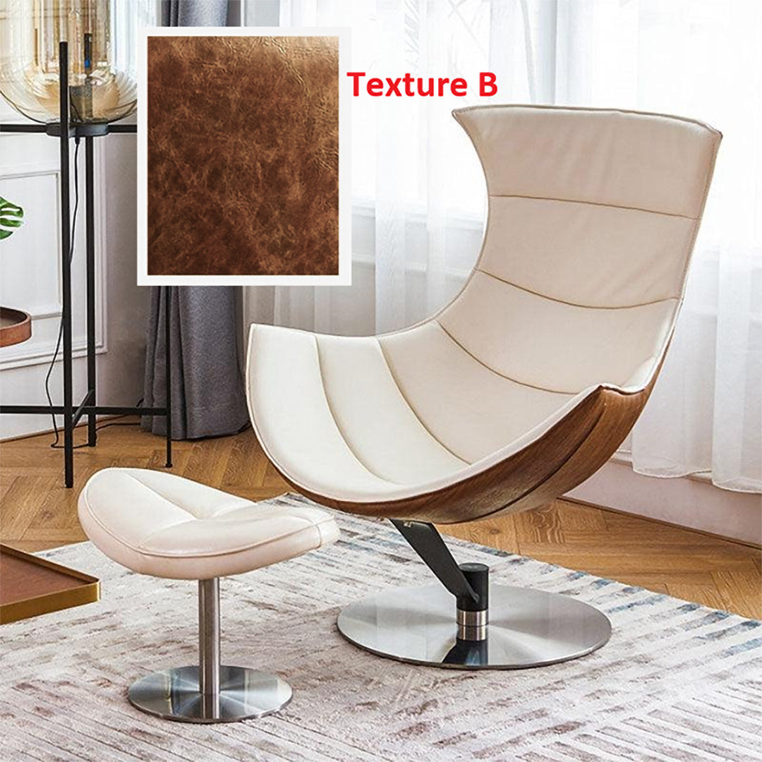 Lobster Swivel Lounge Chair with Ottoman in Cream Textured Real Leather