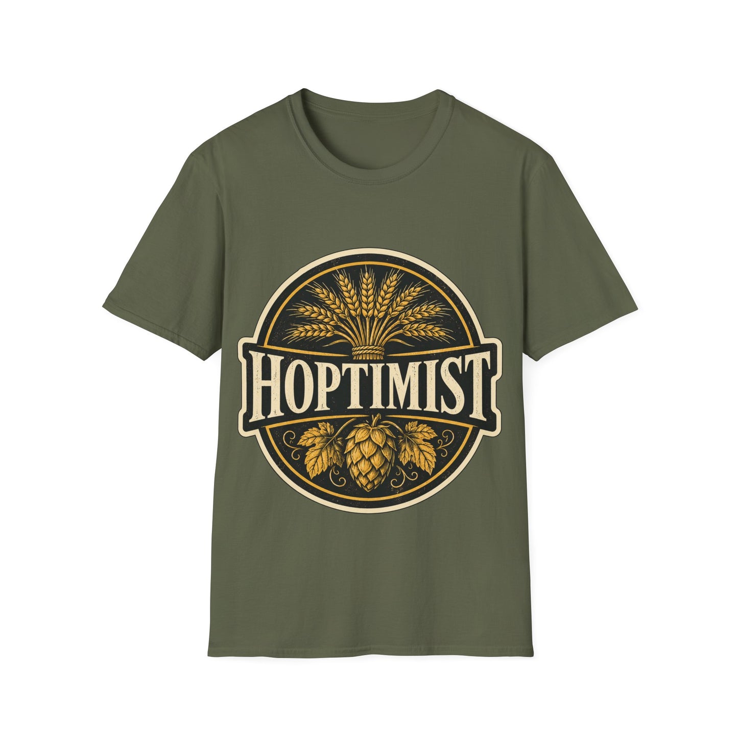 "Hoptimist" Beer Lovers T-Shirt — Vintage Hops & Wheat Brewery Design Unisex Tee
