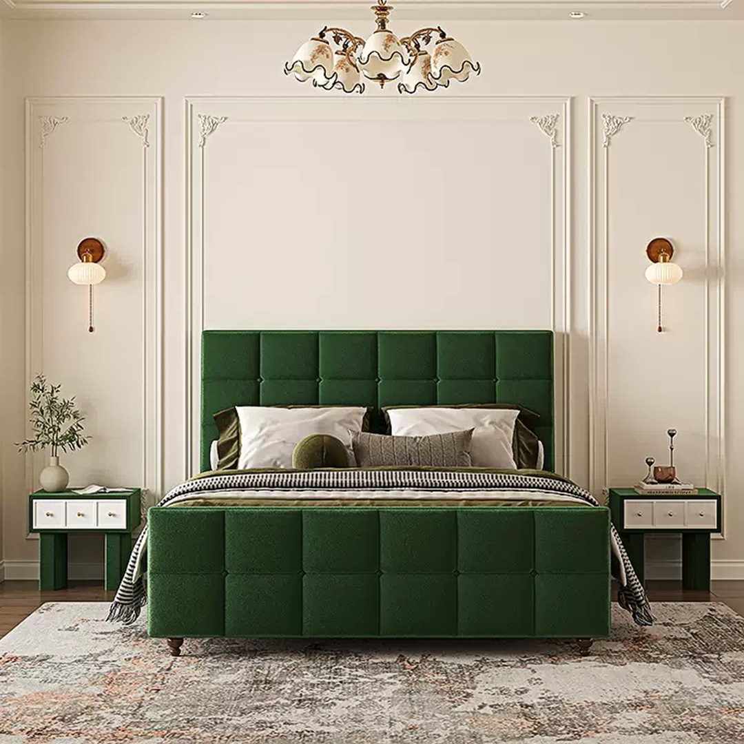 Thessaly Modern Double Bed in Dark Green Flannelette