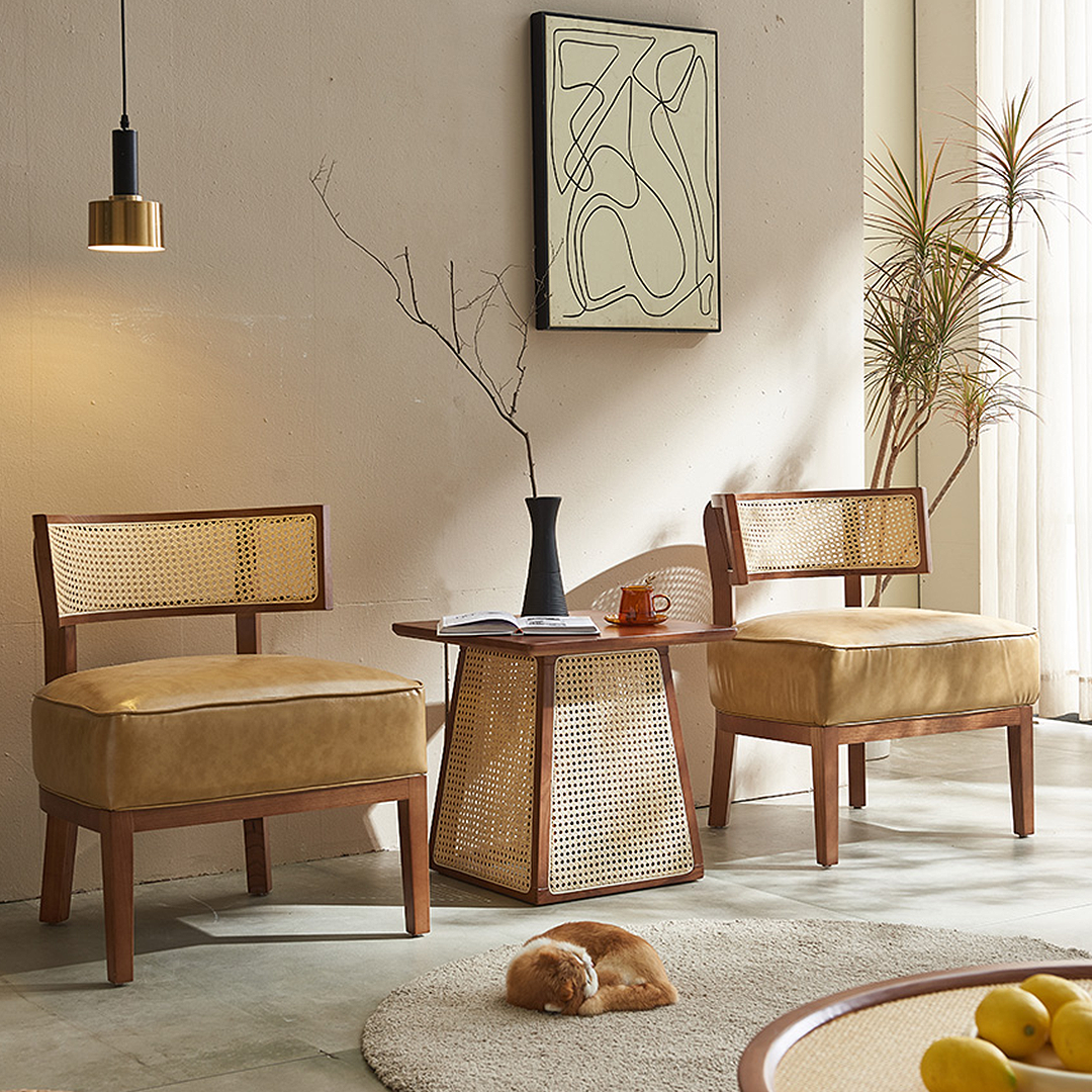 Alexa Lounge Chair for Living Room in Rattan and PU Leather