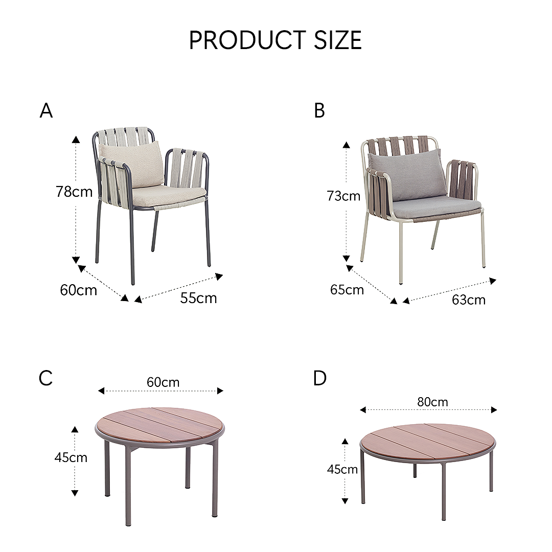 Product size chart for outdoor furniture with dimensions labeled A, B, C, and D.