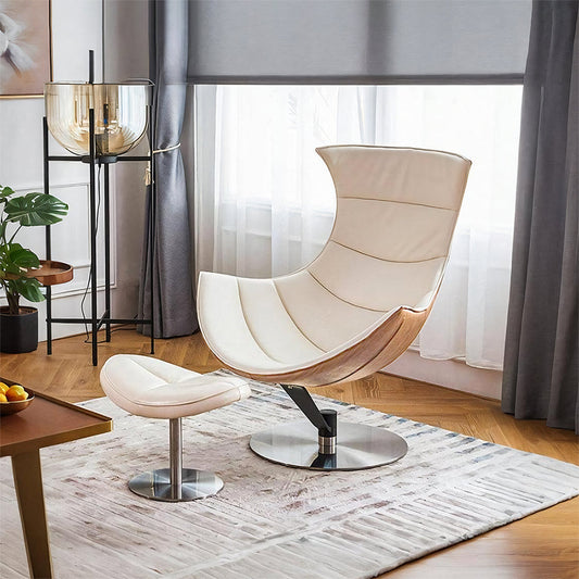 Lobster Swivel Lounge Chair with Ottoman in Cream Textured Real Leather