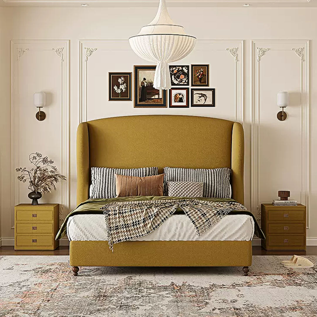 Amara Wingback High Headboard Double Bed in Mustard Yellow