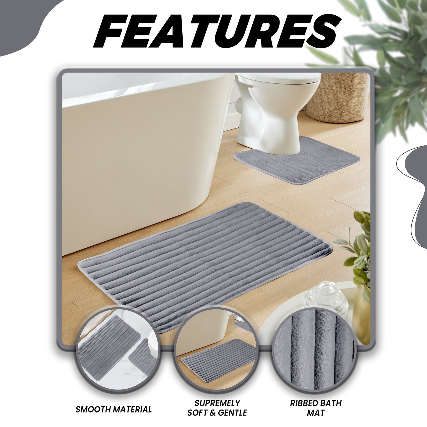 Charcoal Ribbed Bath Mat Set | 2 Piece  Non Slip