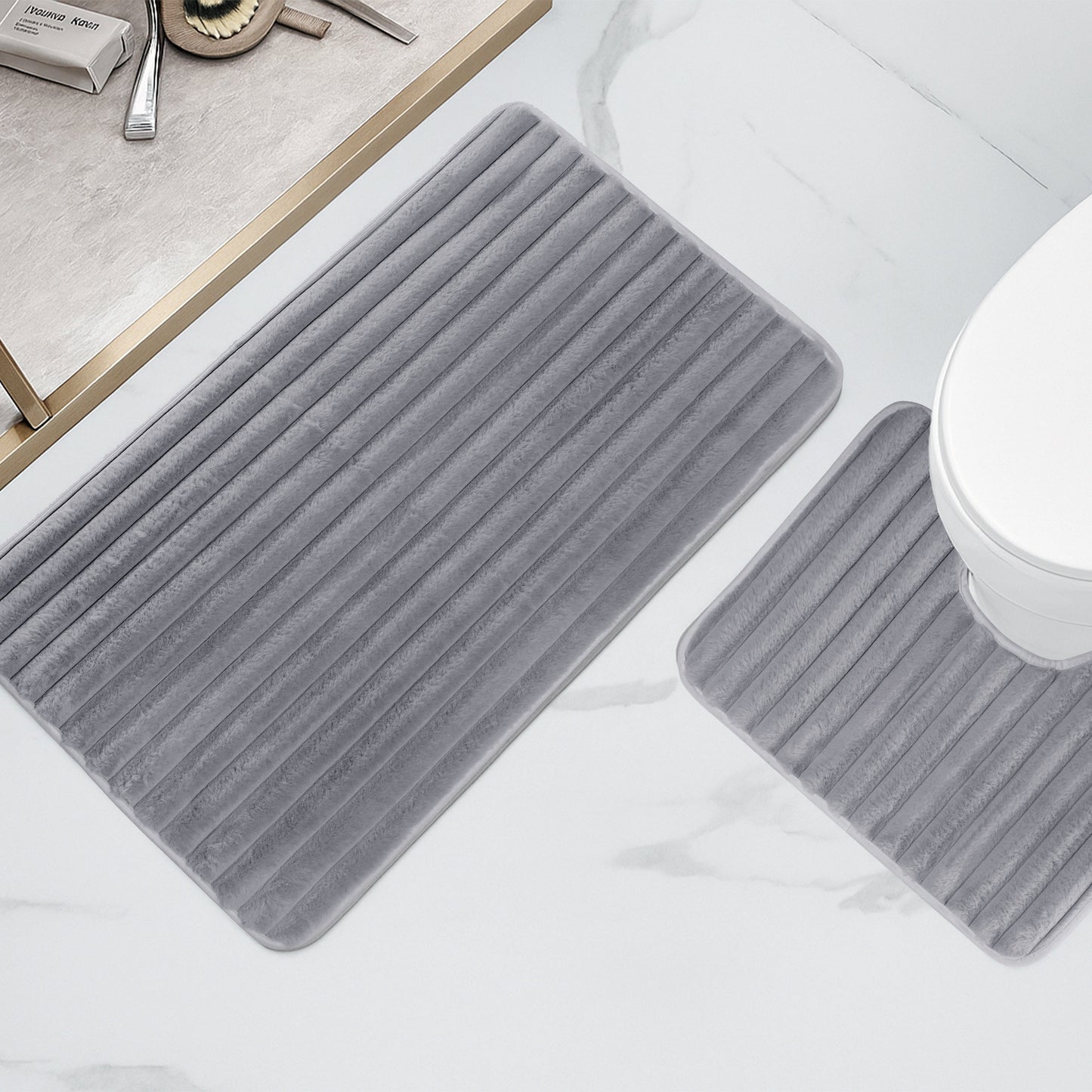 Charcoal Ribbed Bath Mat Set | 2 Piece  Non Slip