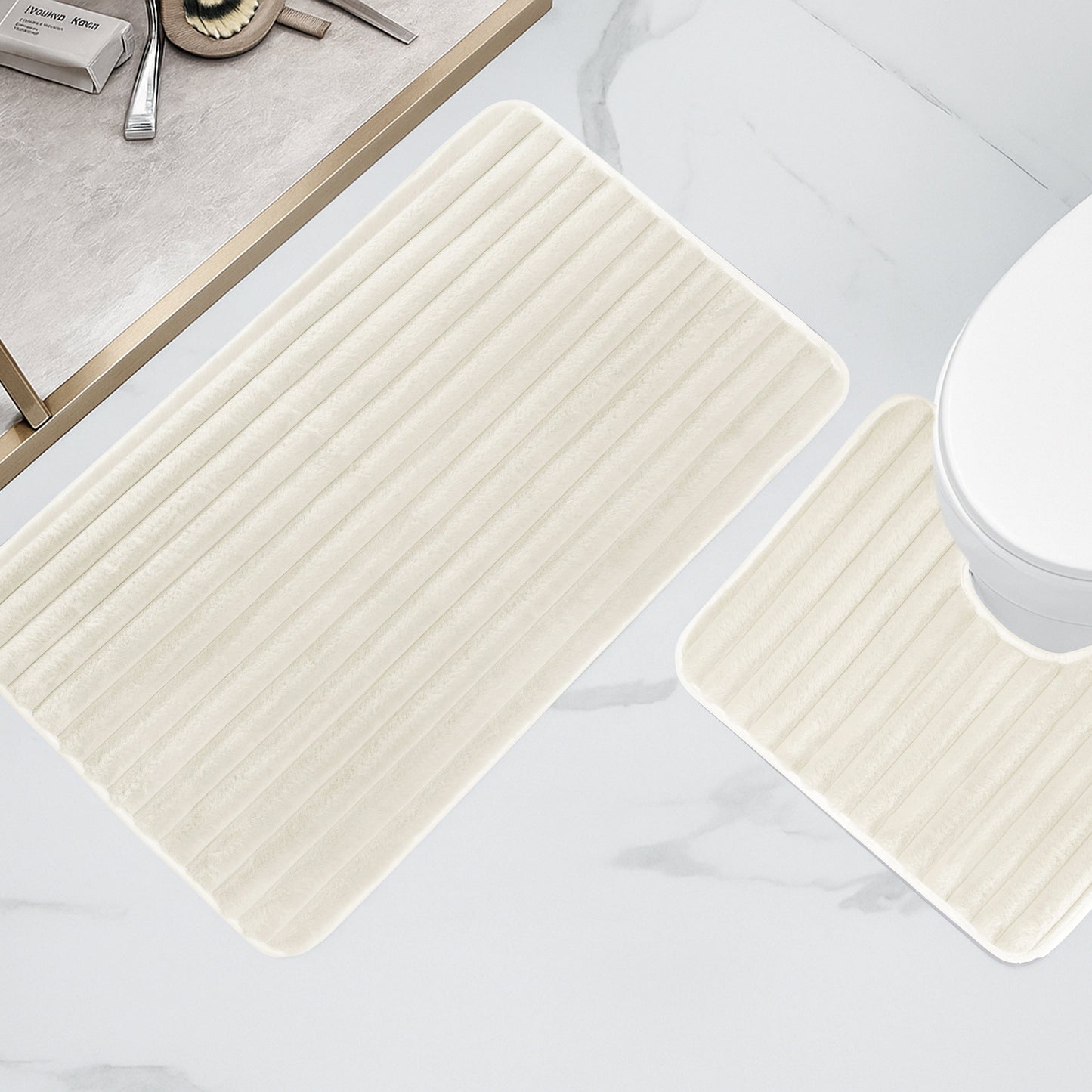Cream Ribbed Bath Mat Set | Non Slip Easy Care | 2 Piece