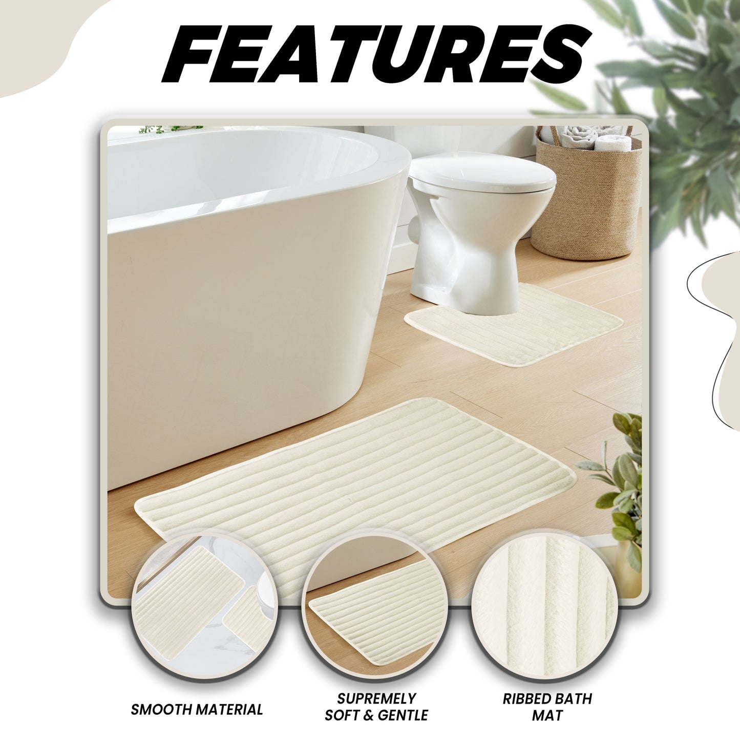 Cream Ribbed Bath Mat Set | Non Slip Easy Care | 2 Piece