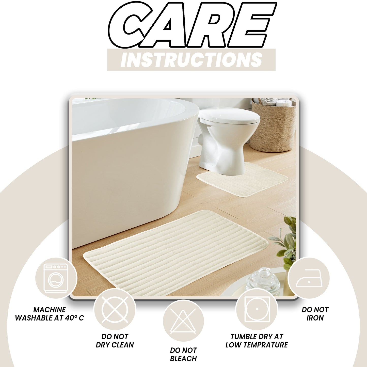 Cream Ribbed Bath Mat Set | Non Slip Easy Care | 2 Piece