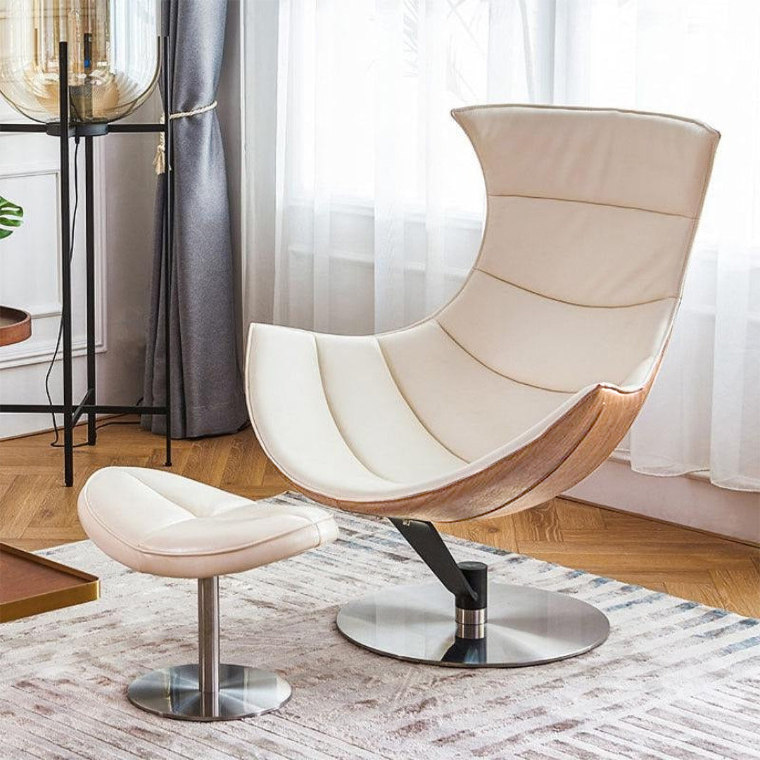 Lobster Swivel Lounge Chair with Ottoman in Cream Textured Real Leather