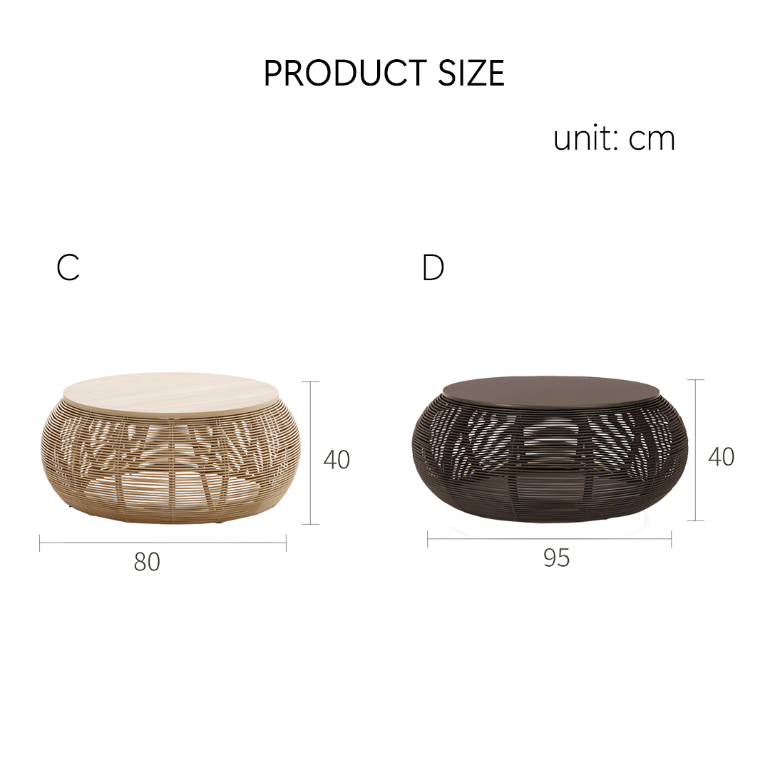 Two round woven ottomans with dimensions labeled in centimeters on a white background.  | Extraordinary Emporium UK