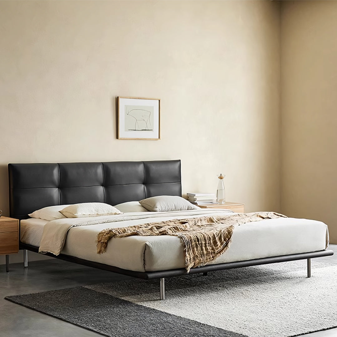 Ines Floating Bed in Black Real Leather King and Super King