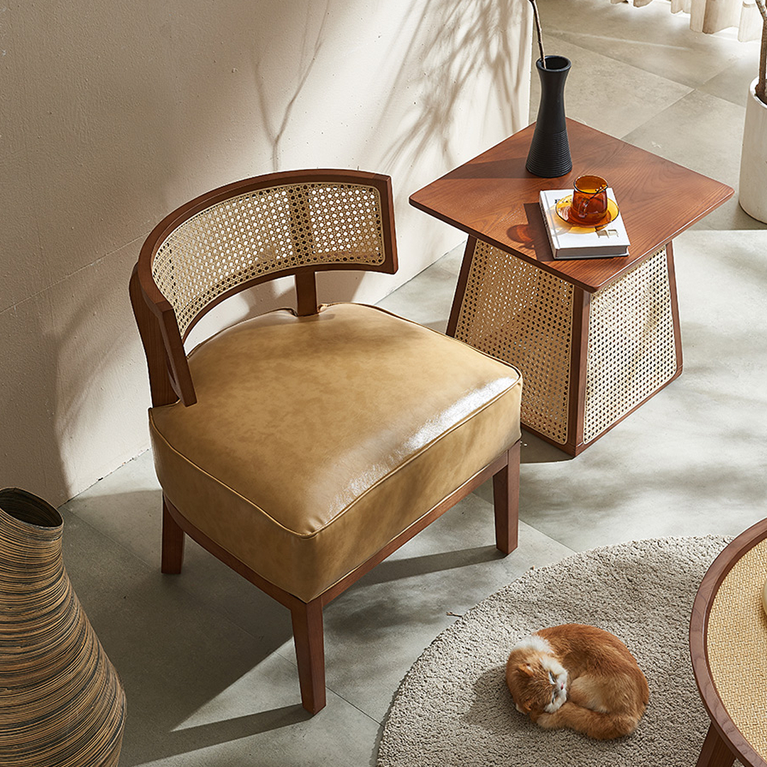 Alexa Lounge Chair for Living Room in Rattan and PU Leather