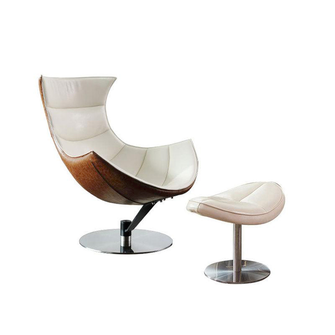 Lobster Swivel Lounge Chair with Ottoman in Cream Textured Real Leather