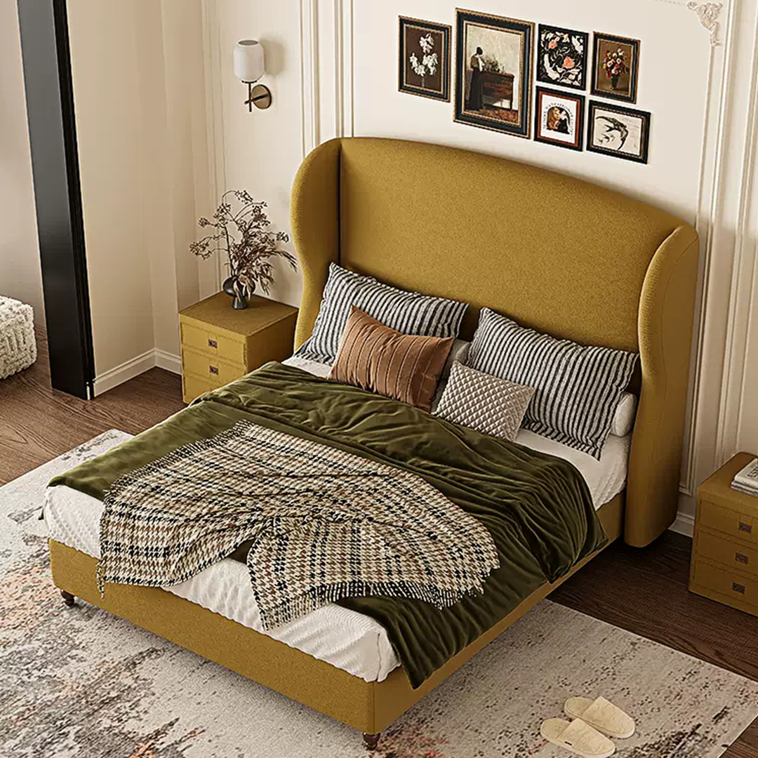 Amara Wingback High Headboard Double Bed in Mustard Yellow