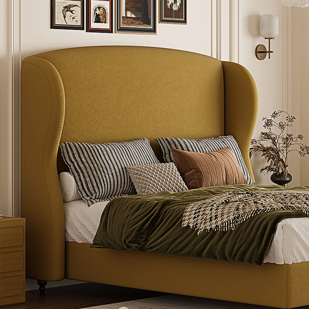 Amara Wingback High Headboard Double Bed in Mustard Yellow