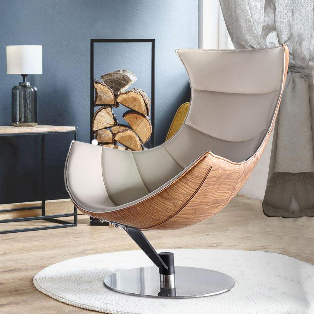 Lobster Swivel Lounge Chair with Ottoman in Cream Textured Real Leather