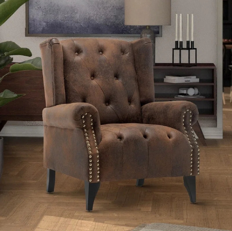 Microsuede Wingback Chair Mimics Distressed Leather