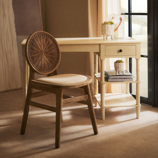 Cebu Beige Fabric and White Wash Elm Wood Dining Chair | Organic Elegance