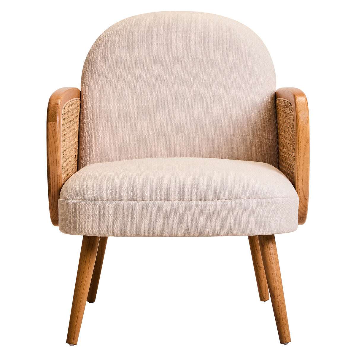 Cebu Ivory Fabric and Cane Chair with Elm Wood Legs | Natural Cane Accent Chair