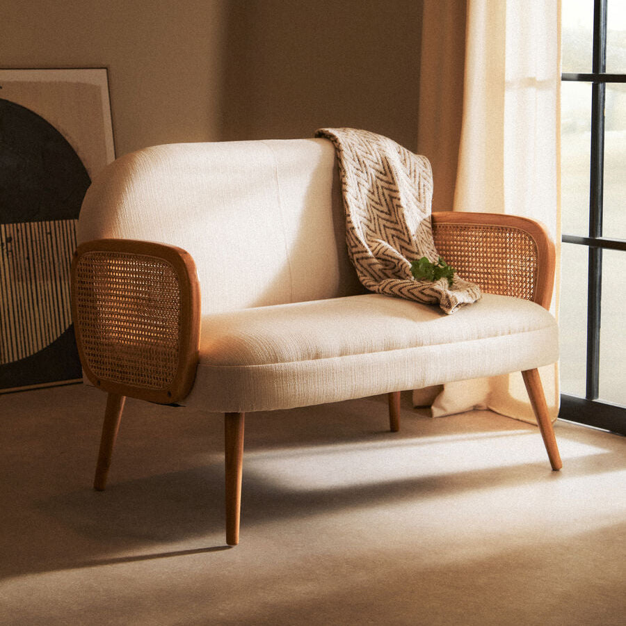 Cebu Sofa | 2 Seater Ivory Fabric and Cane | Elm Wood Legs