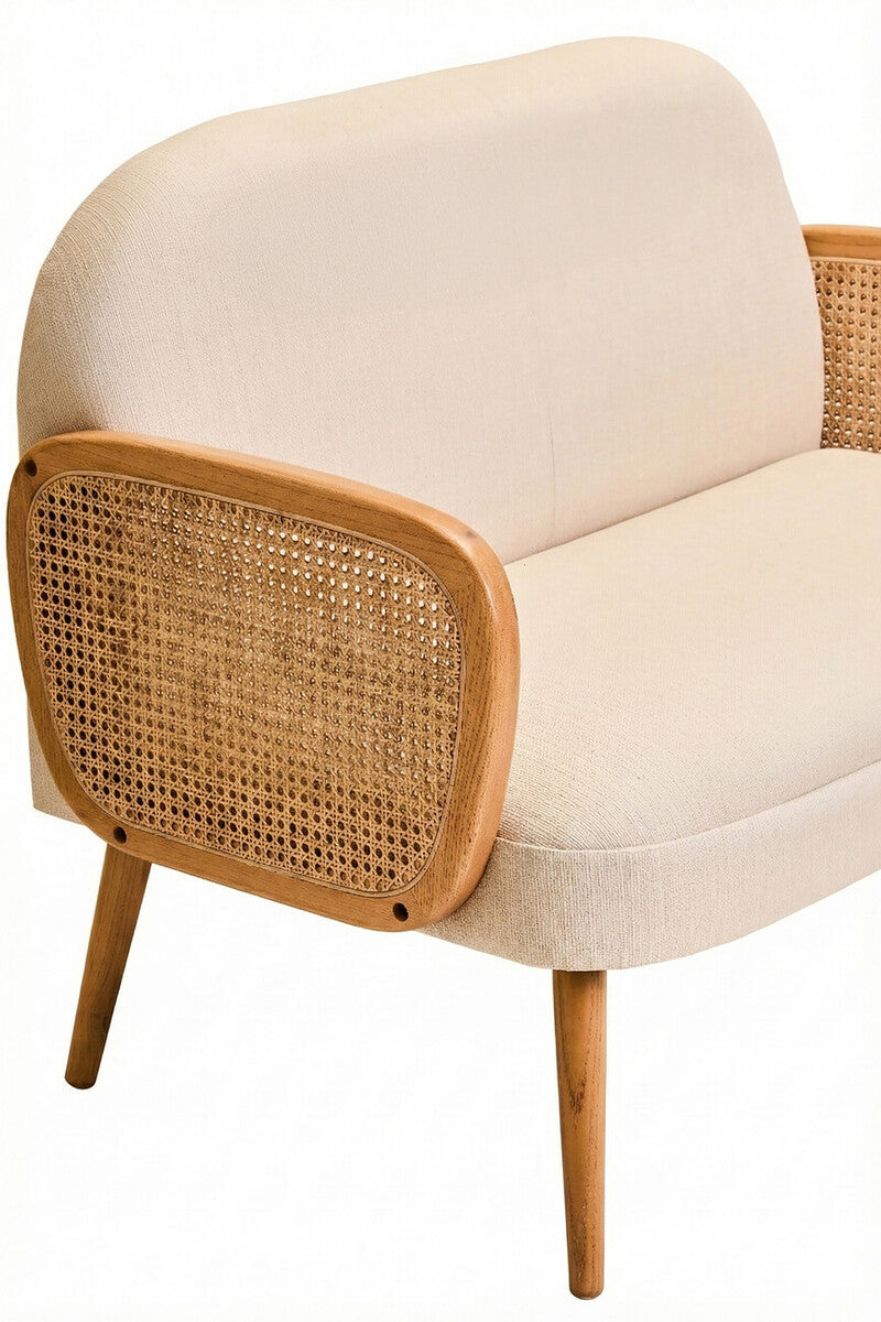 Cebu Sofa | 2 Seater Ivory Fabric and Cane | Elm Wood Legs