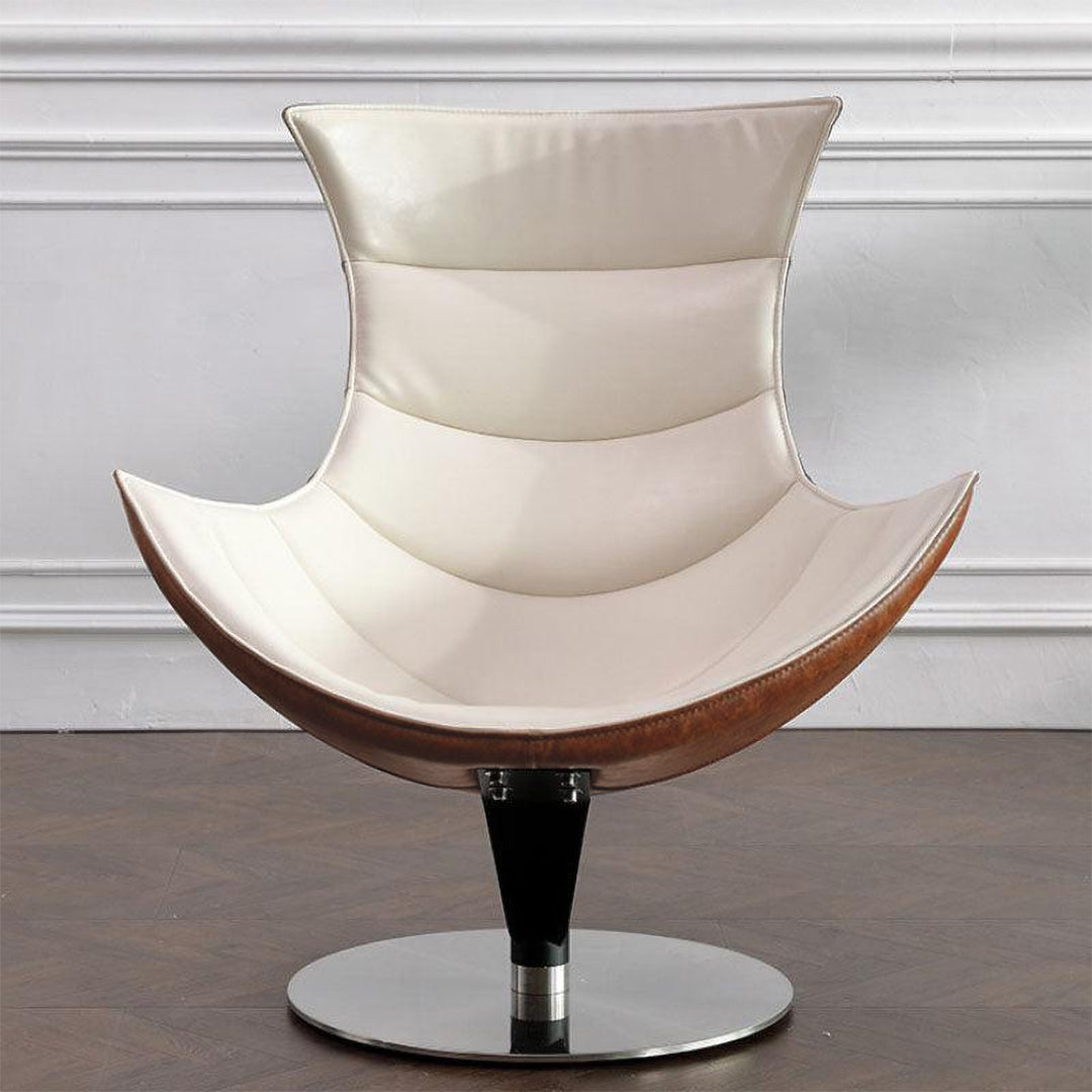 Lobster Swivel Lounge Chair with Ottoman in Cream Textured Real Leather