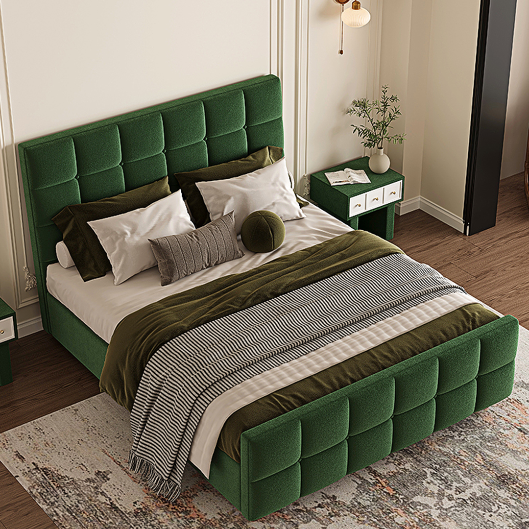 Thessaly Modern Double Bed in Dark Green Flannelette