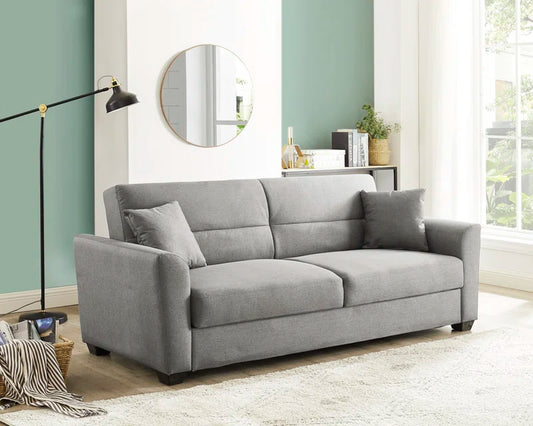 Grey Woven Sofa Bed Rounded Arms 215cm Kasheena Easy Open
