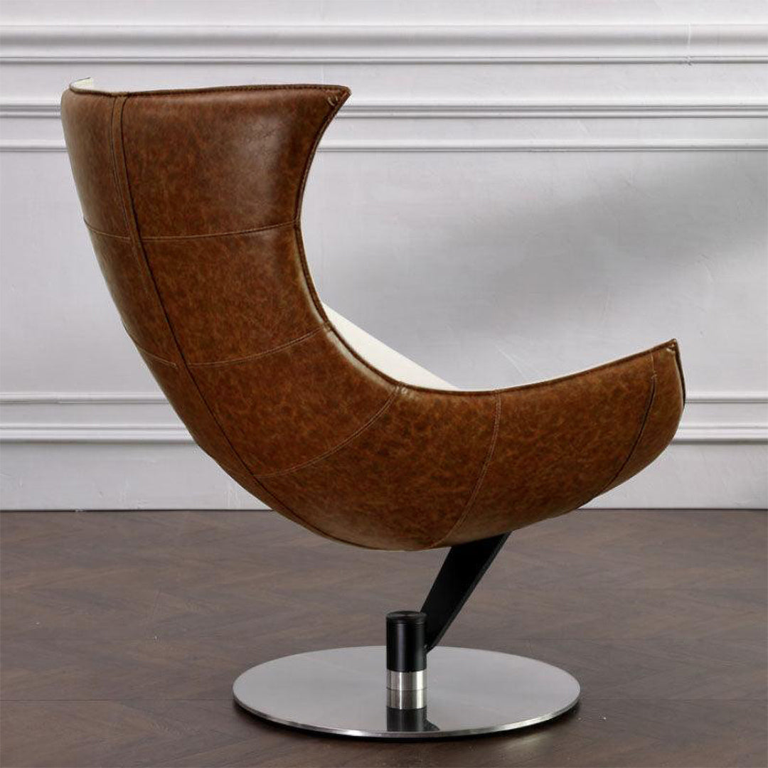 Lobster Swivel Lounge Chair with Ottoman in Cream Textured Real Leather