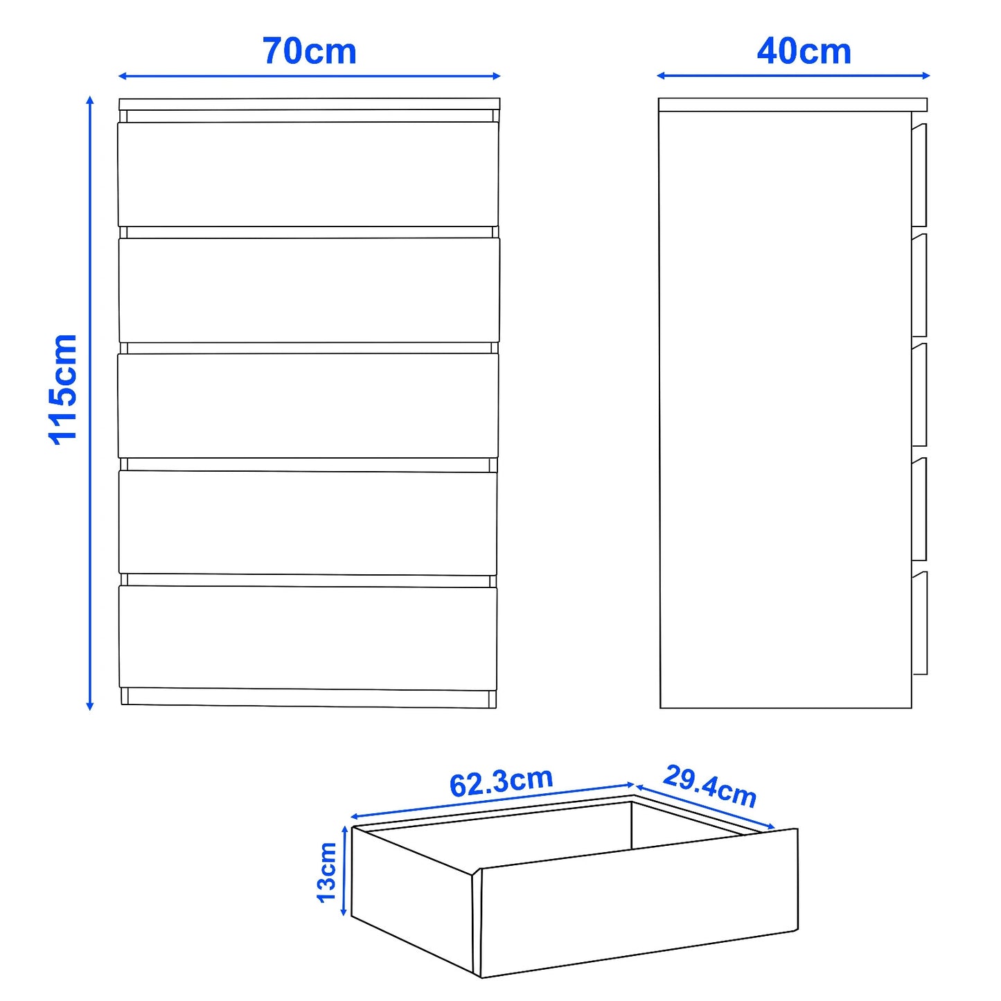 High Gloss Chest of Drawers Bedside Cabinet Tall Wide Storage Bedroom Furniture