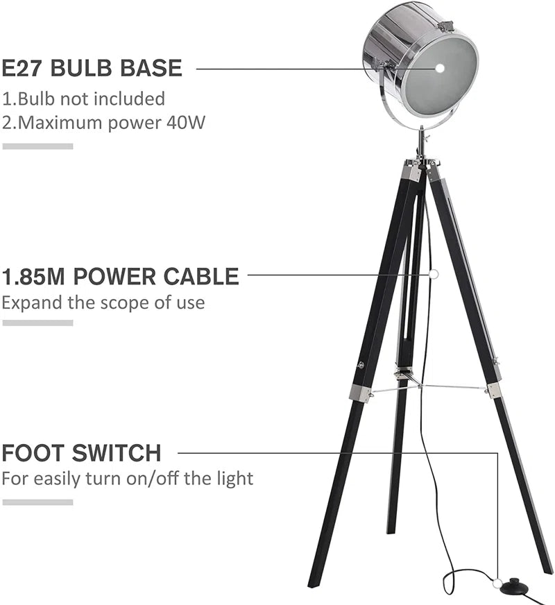 Statement Tripod Floor Lamp Industrial Design Argent 110cm