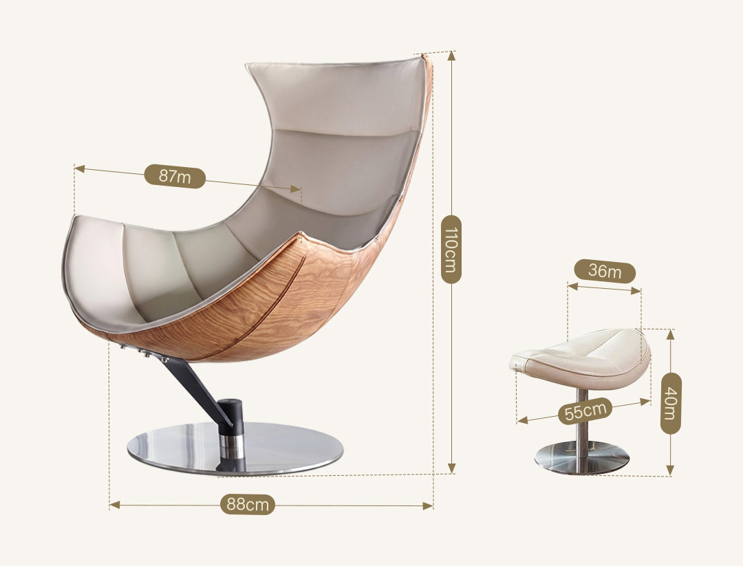 Lobster Swivel Lounge Chair with Ottoman in Cream Textured Real Leather
