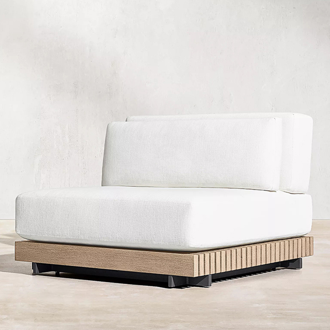 White outdoor sofa with wooden base on a light background  | Extraordinary Emporium UK