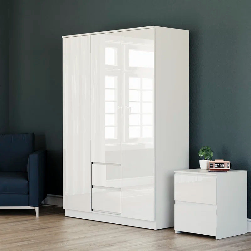 Oslo 3 Door 2 Drawer High Gloss Wardrobe, (FSC 100%) Bedroom Home Clothing Storage Furniture