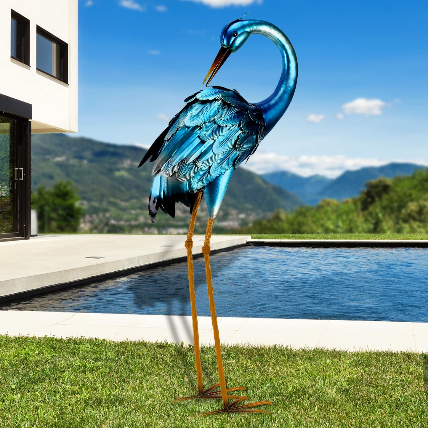 Blue Heron Garden Statue Sculpture | Handcrafted Hand-painted