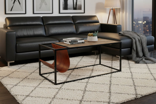 Industrial Coffee Table Genuine Leather Magazine Holder | Shop Online UK