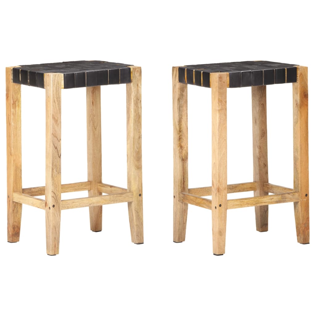 Bar Stools 2 Pieces Black | Real Leather Mango Wood | Hand Finished