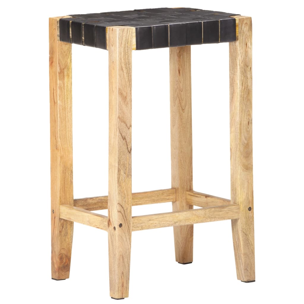 Bar Stools 2 Pieces Black | Real Leather Mango Wood | Hand Finished